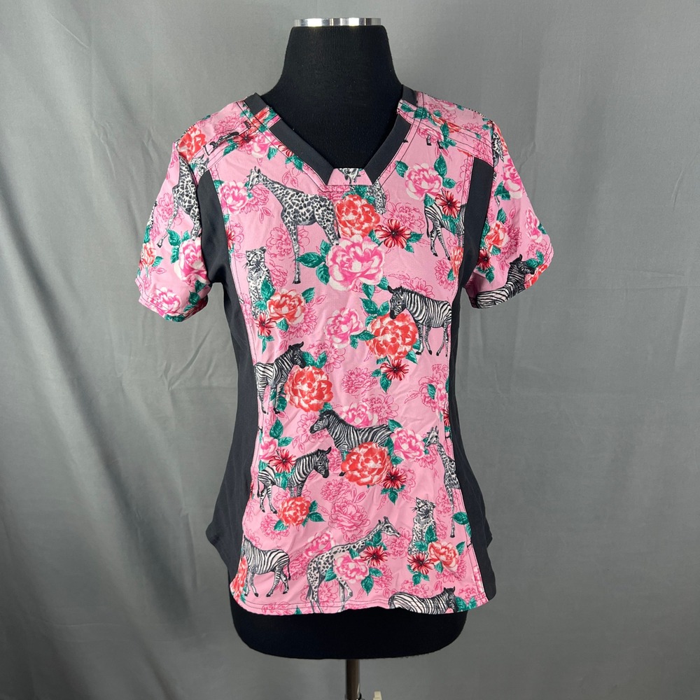Cherokee Iflex Scrub Top Womens Small Pink Giraffe Leopard Floral V Neck Medical